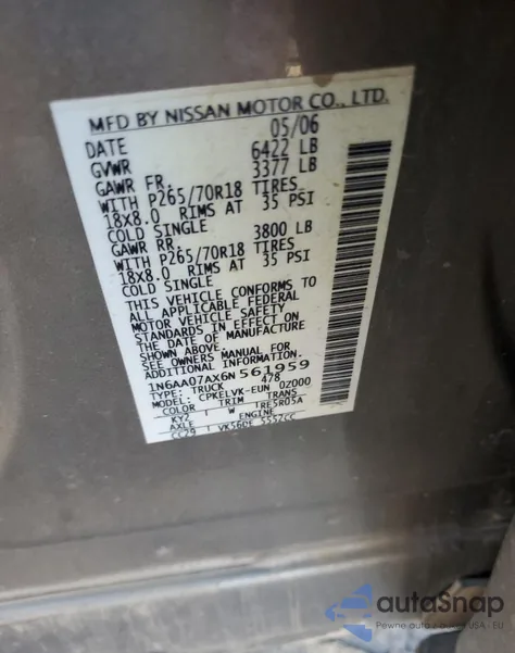 2006 Nissan Titan Xe из США, поврежденный, VIN 1N6AA07AX6N561959